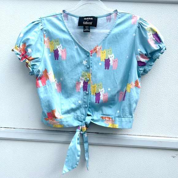 ModCloth X Collectif Cat Top Women L 10 Blue Multi Tie Button Front Puff Sleeves - Picture 11 of 13